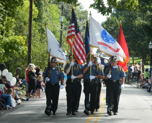 United States Army in parade with flags